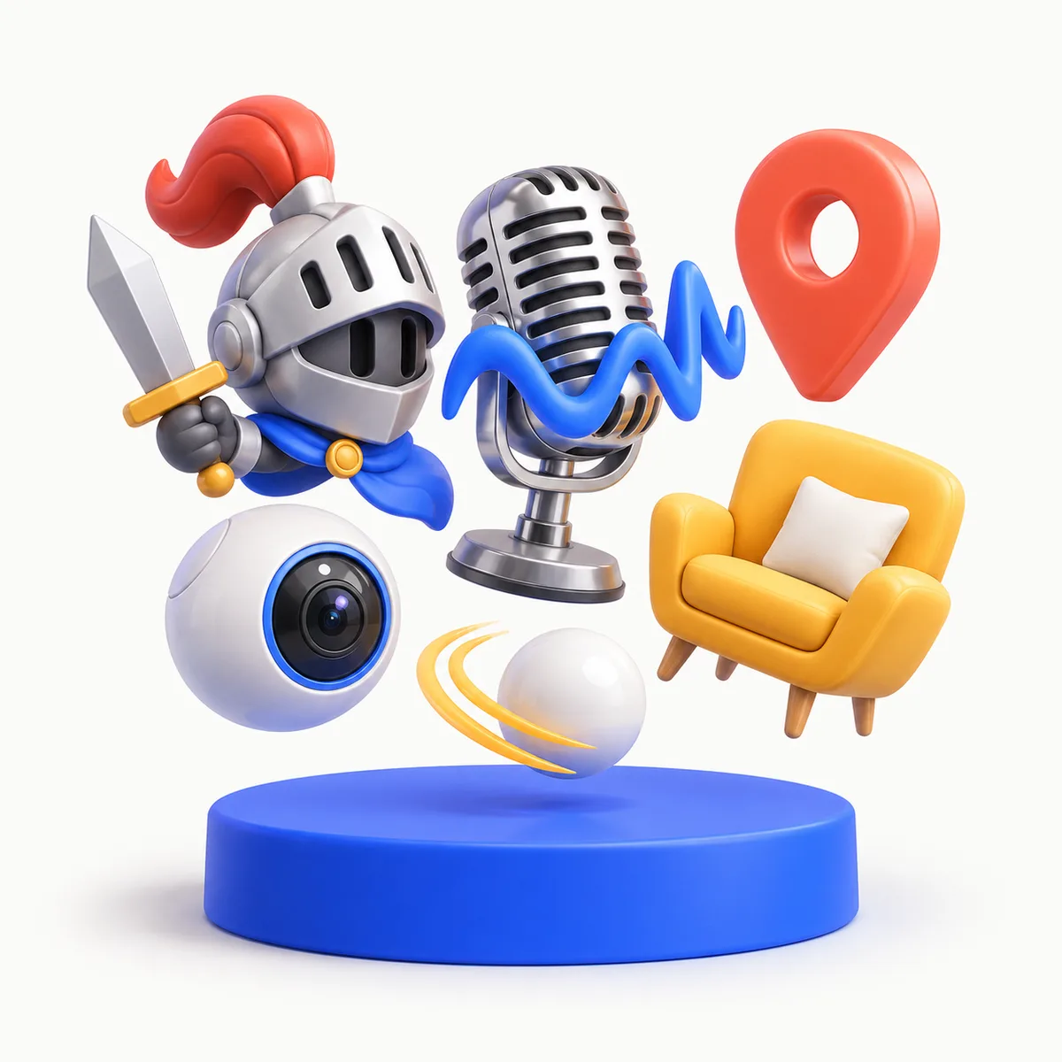 A microphone, a knight helmet, a location pin, an armchair and a camera lens floating above a blue pedestal