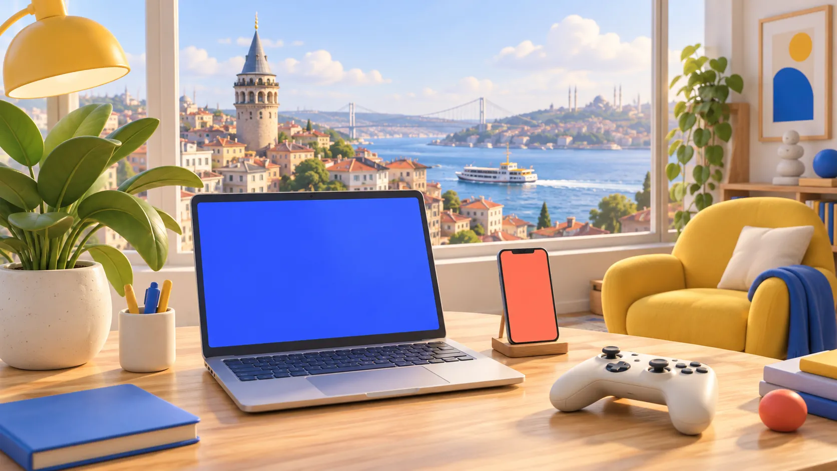 A bright studio desk with a laptop, a phone and a game controller, overlooking the Galata Tower and the Bosphorus